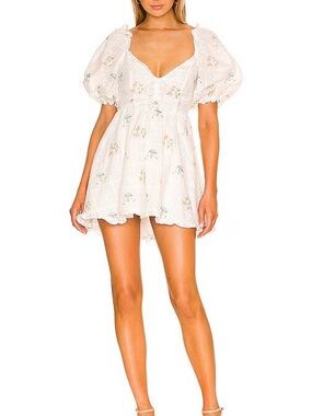 For Love And  Lemons Yolanda puff sleeve Mushroom Embroidered  Mini Dress Size S